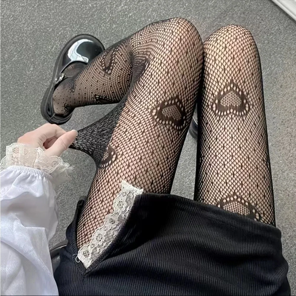 Heart Print Mesh Tights Black Sexy Cut Out High Waist Fishnet Pantyhose One Size